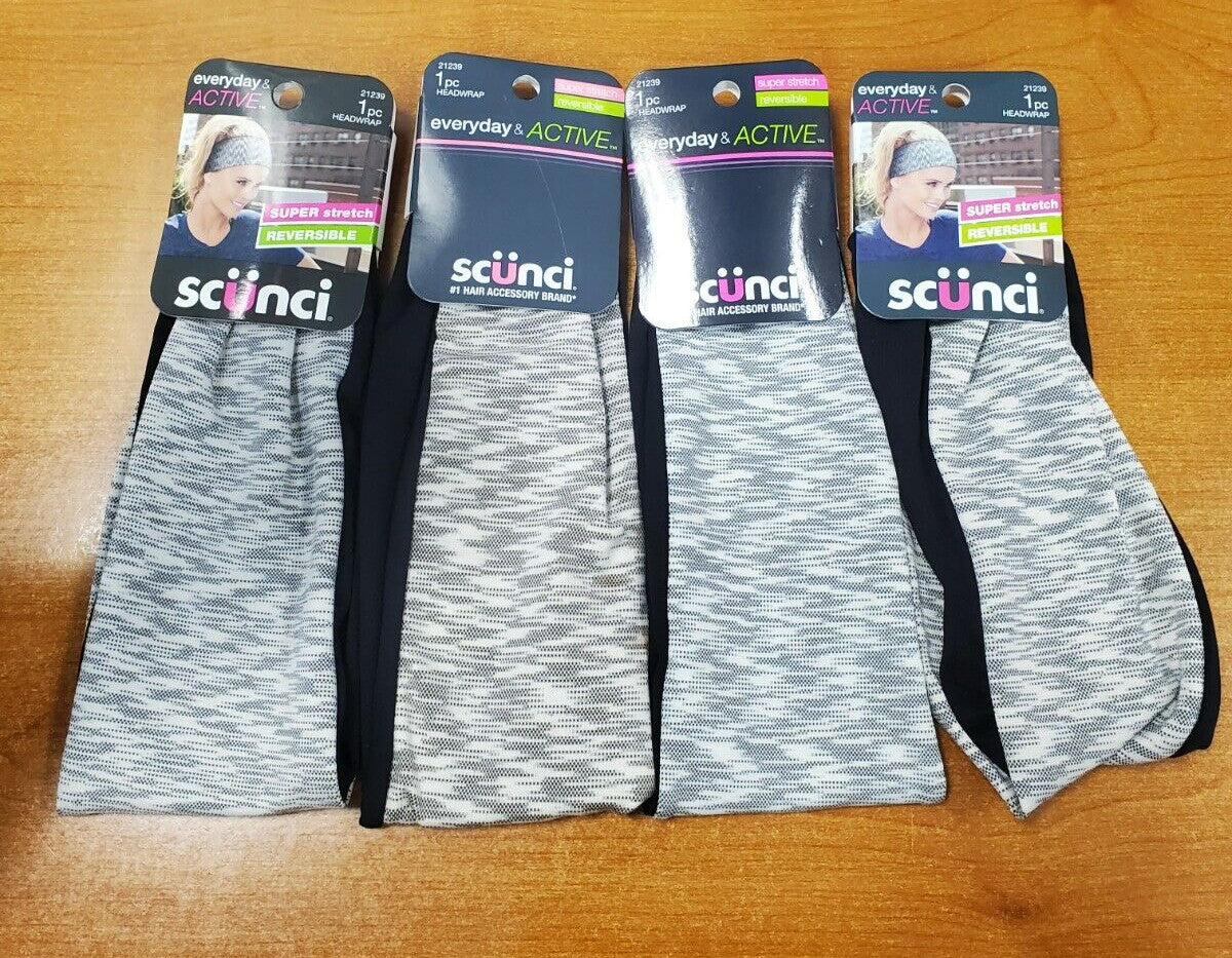 4PK Scunci Everyday&Active Reversible Super Stretch Headwrap SILVER
