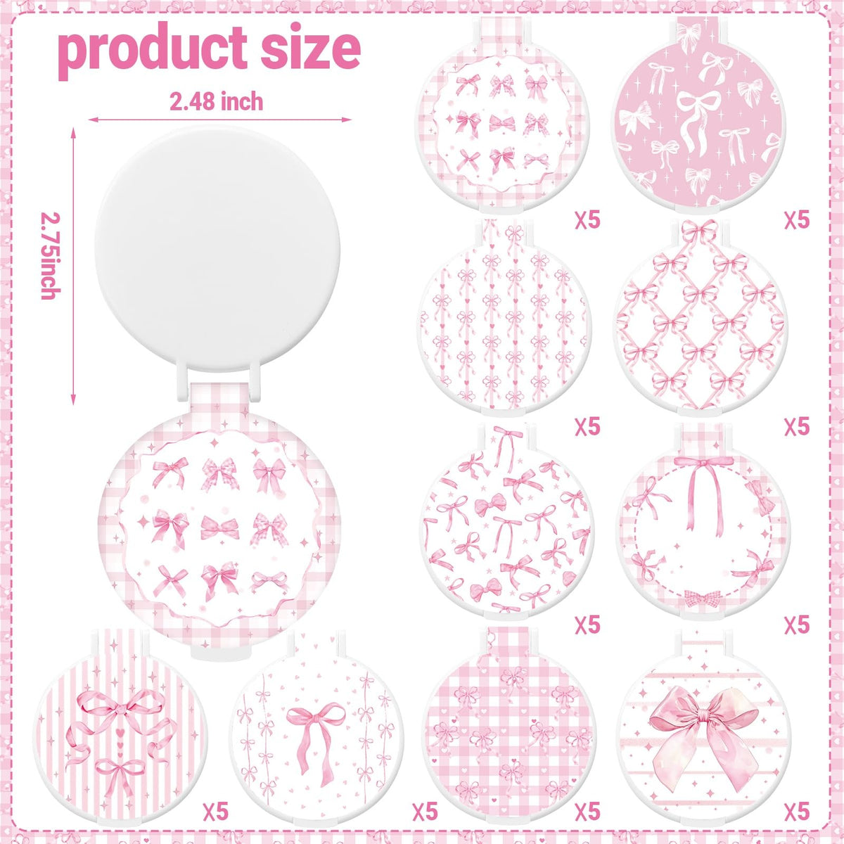 Pink Bow Compact Mirror Set - Small Portable Pocket Makeup Mirrors Bulk 50 pcs