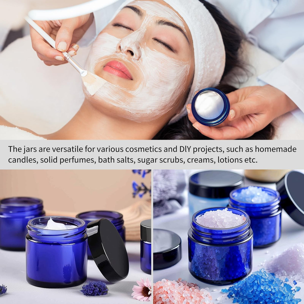 Blue 2oz Glass Cosmetic Jars with Black Lids, 35 Pack - Refillable Makeup Containers