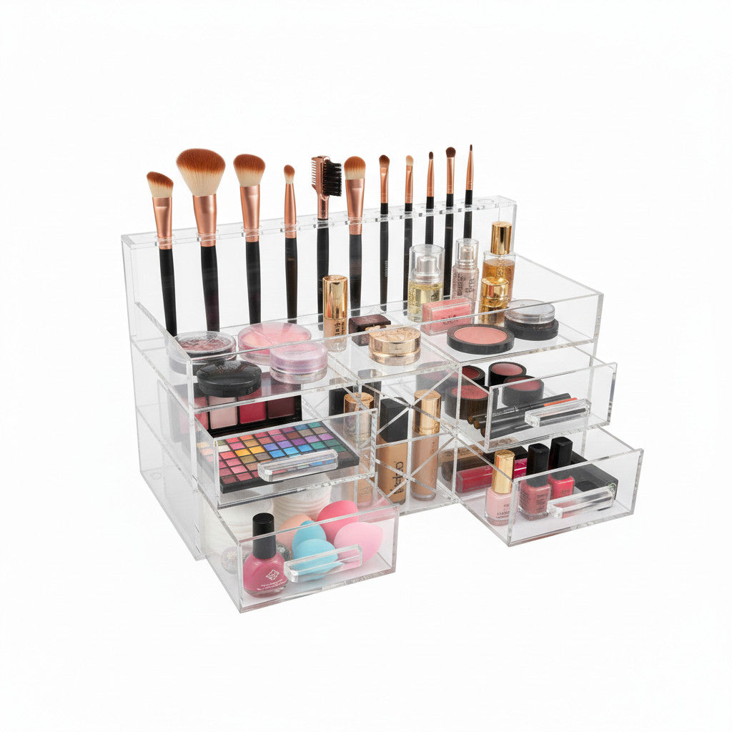 Acrylic Makeup Organizer with 4 Drawers & Brush Tray - Cosmetic Storage Case