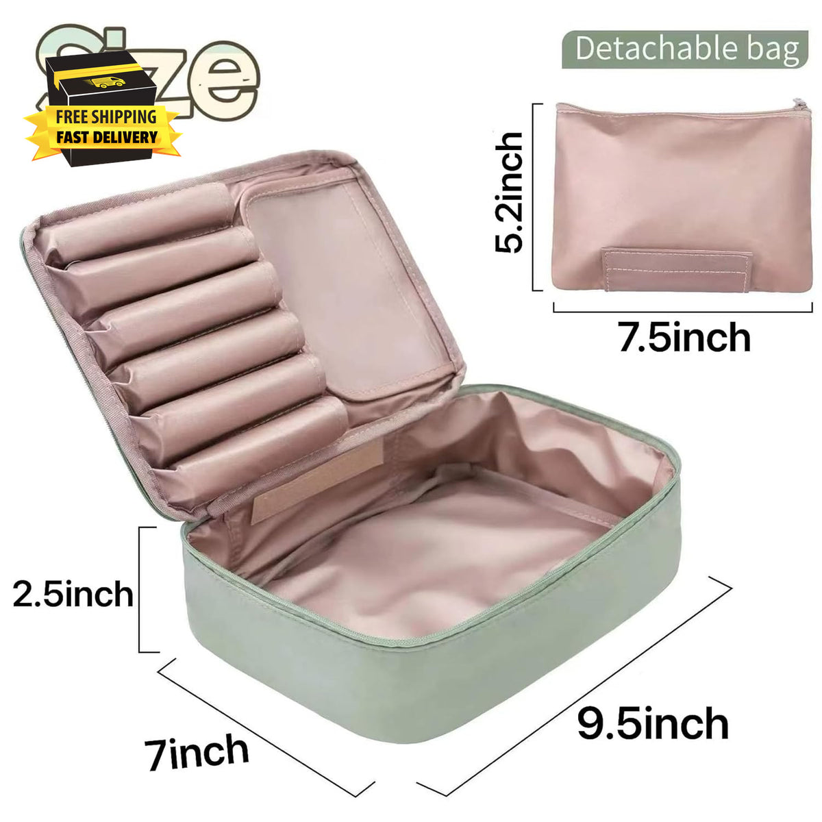 Travel Makeup Bag with Detachable Cosmetic Pouch Waterproof Organizer for Women & Men - Green