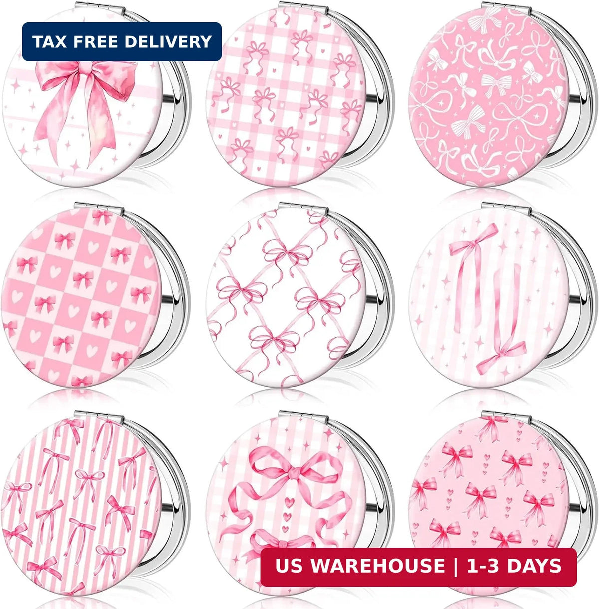 Pink Bow Compact Mirrors Set - Double-Sided Makeup Mirrors with Magnification, Portable and Stylish for Women & Girls