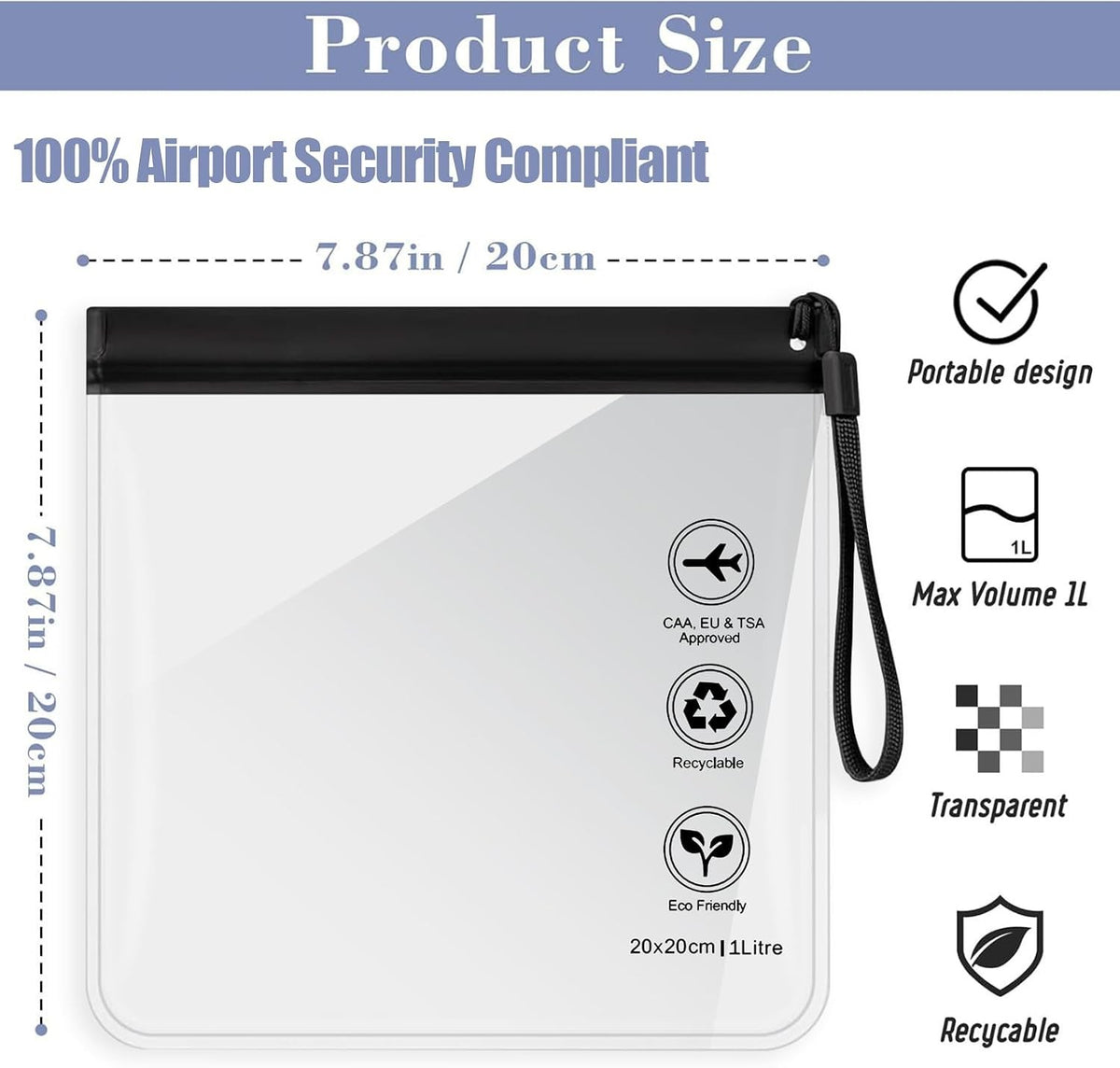 Clear TSA Approved Travel Toiletry Bag Waterproof Leakproof 20cm x 20cm