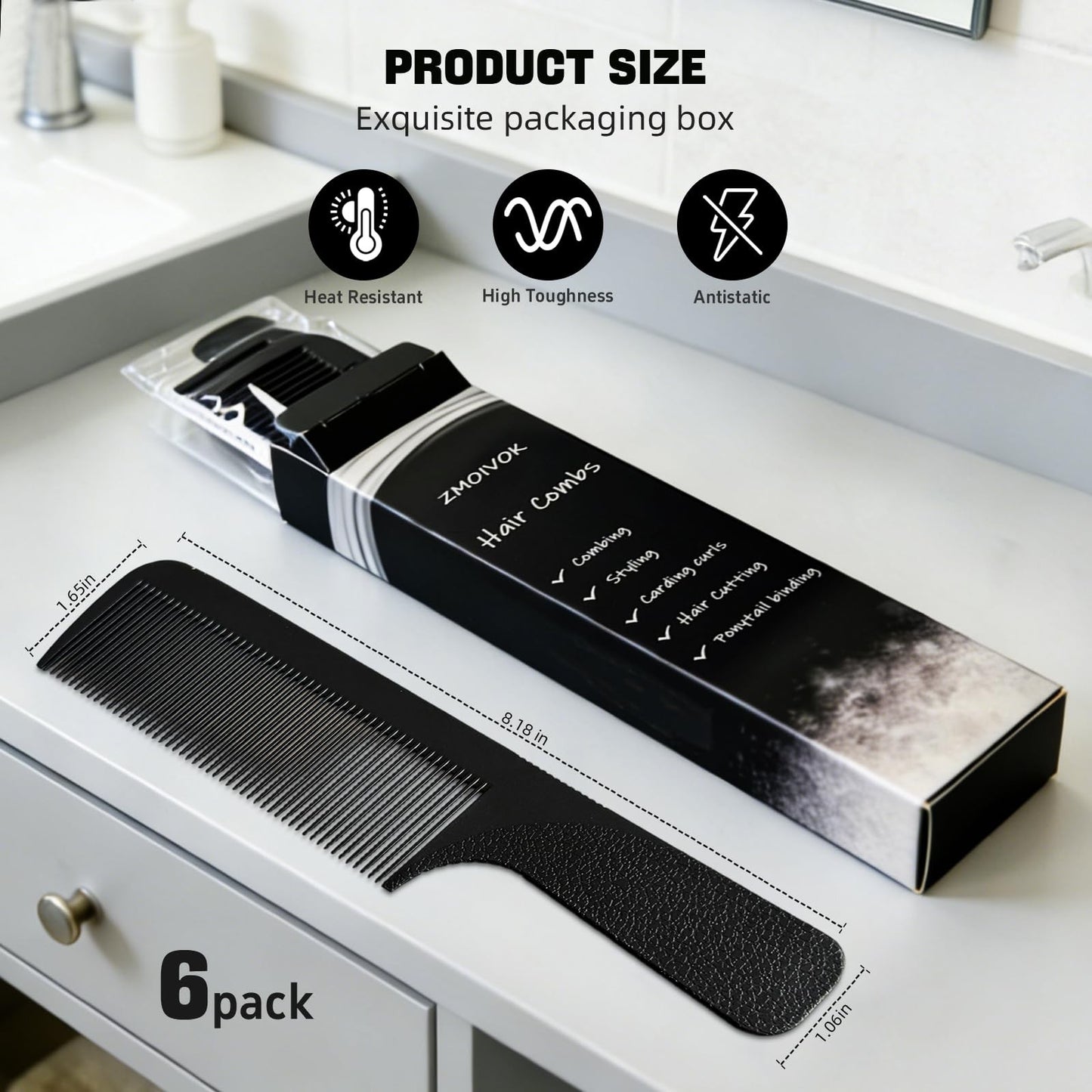 Professional Hair Combs Set - 6 Carbon Fiber Styling Tools for Men & Salon Use