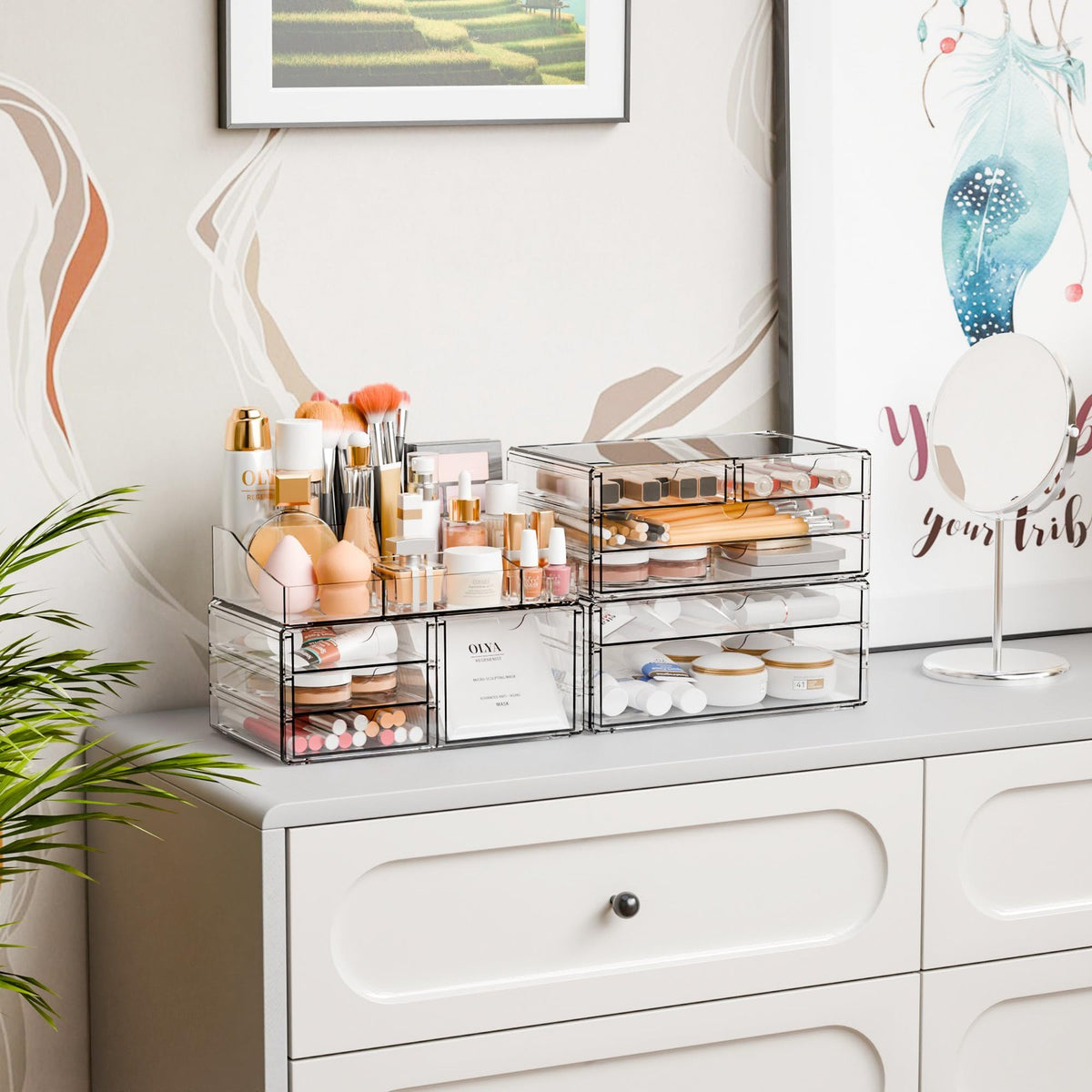Large Capacity Makeup Organizer with Stackable Drawers and Top Tray - Clear Vanity Storage for Cosmetics & Skincare