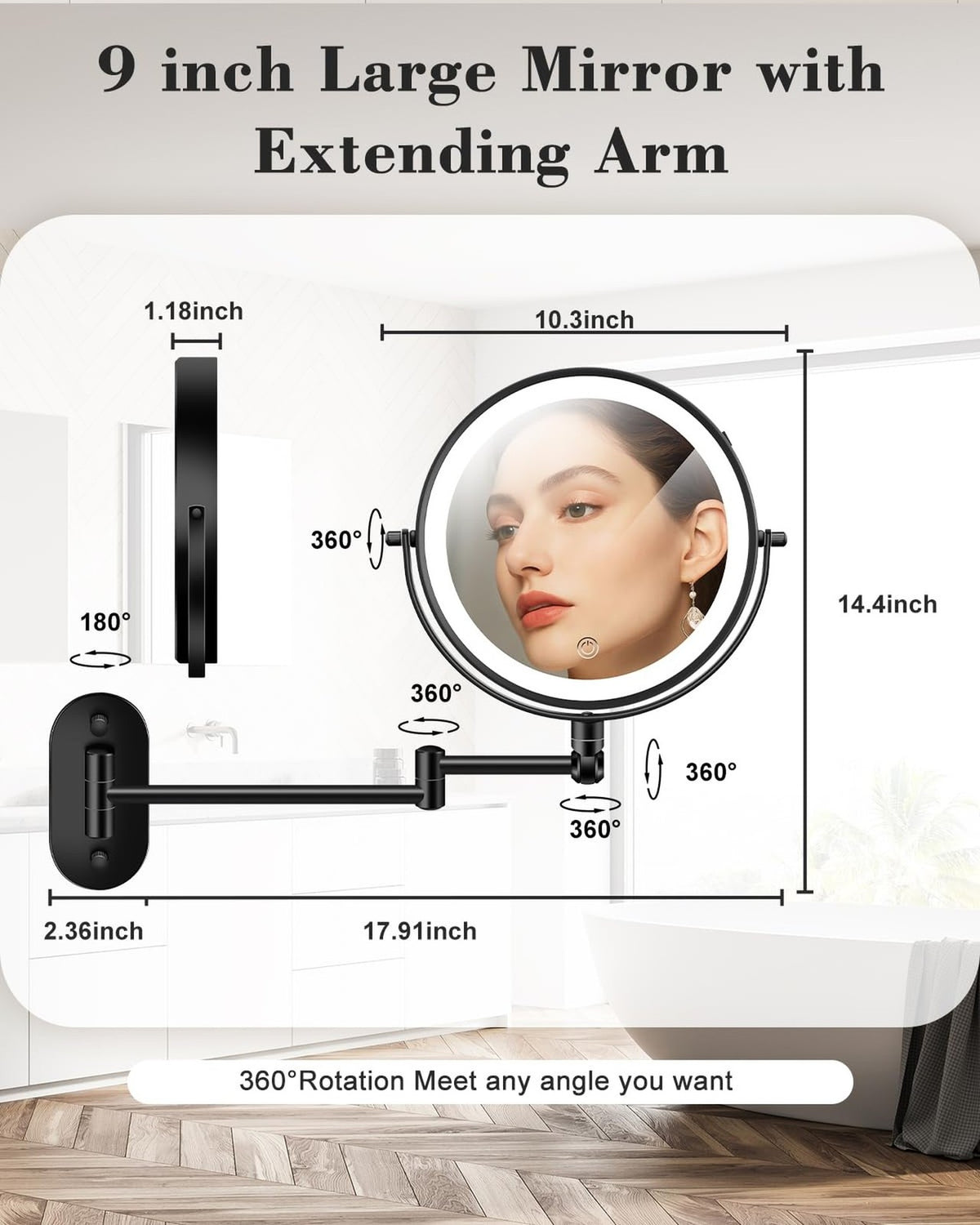 20X 9-Inch Wall Mounted Magnifying Makeup Mirror with Light & Adjustable Height