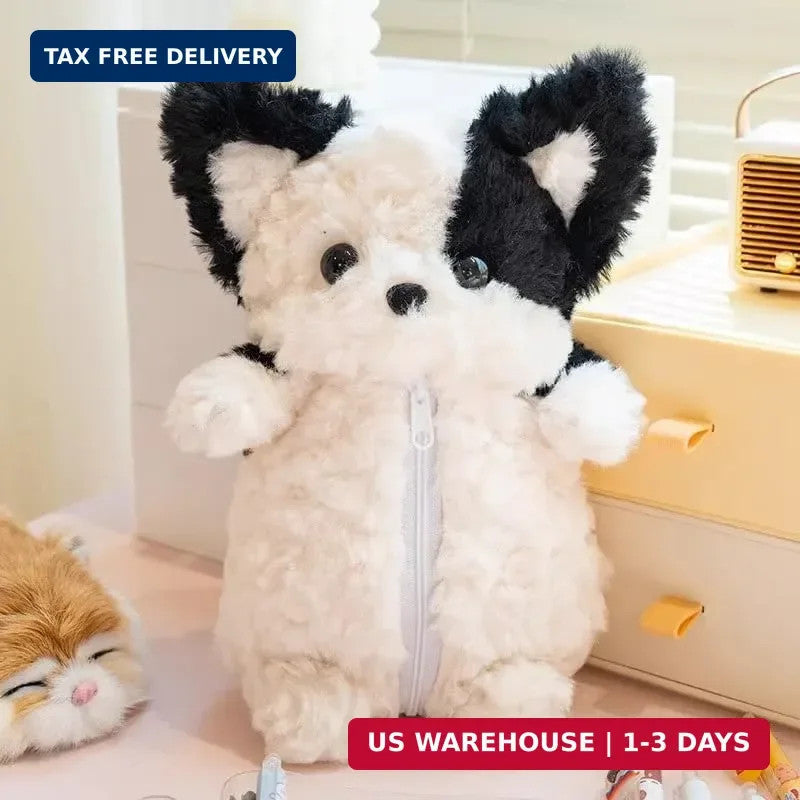 Cute 3D Fuzzy Dog Plush Pencil Case - Animal Organizer for Makeup & Accessories