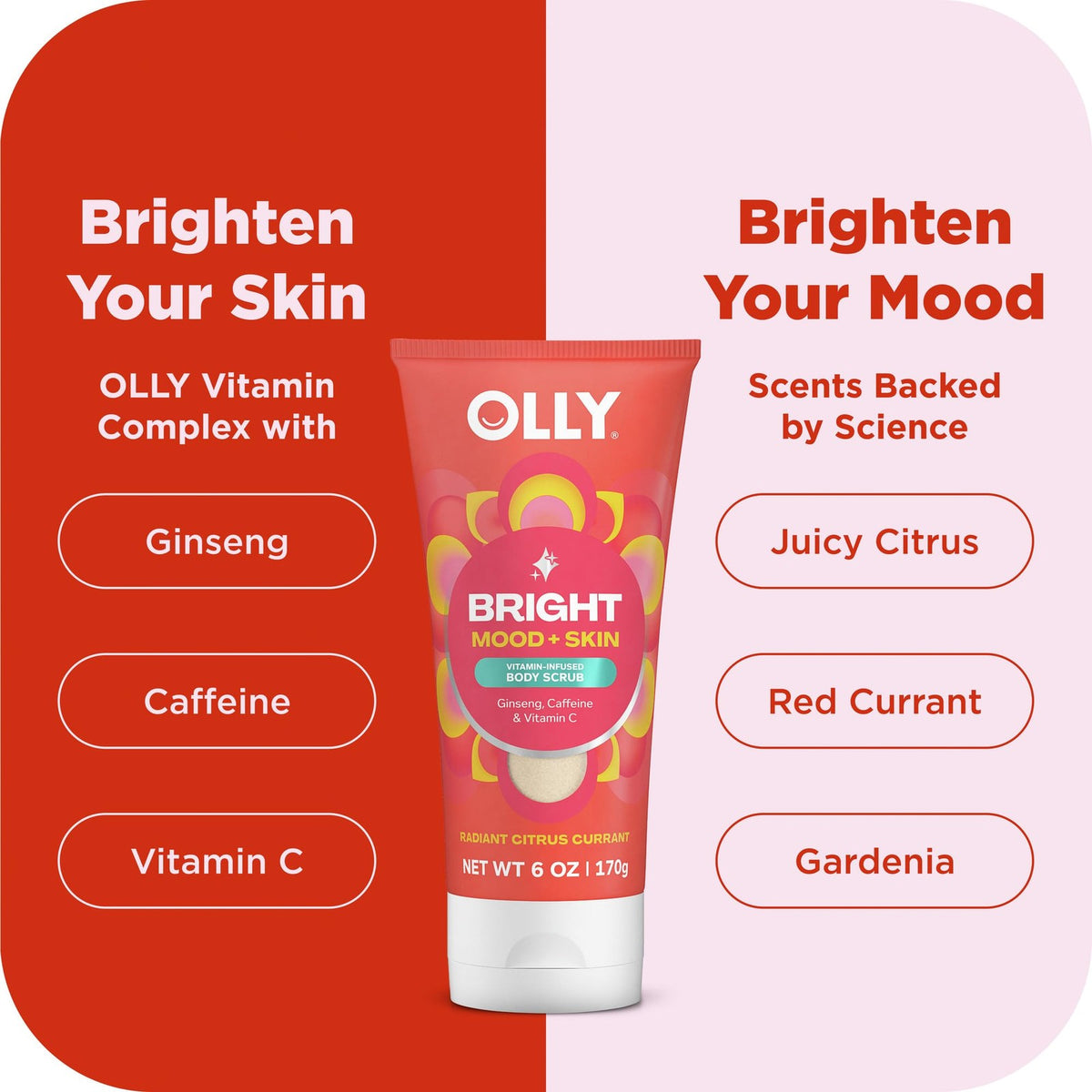 OLLY Bright Body Scrub with Ginseng, Caffeine & Vitamin C, 6 oz