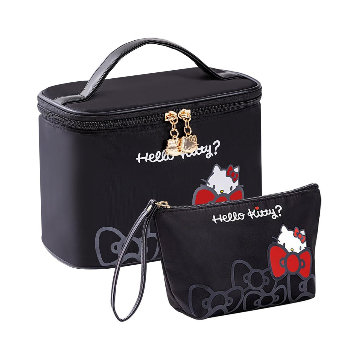 Large Waterproof Travel Makeup Bag Set with Matching Wrist Pouch - Black 2PCS