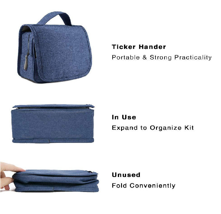 Navy Blue Travel Cosmetic Bag with Waterproof Lining and Multiple Compartments