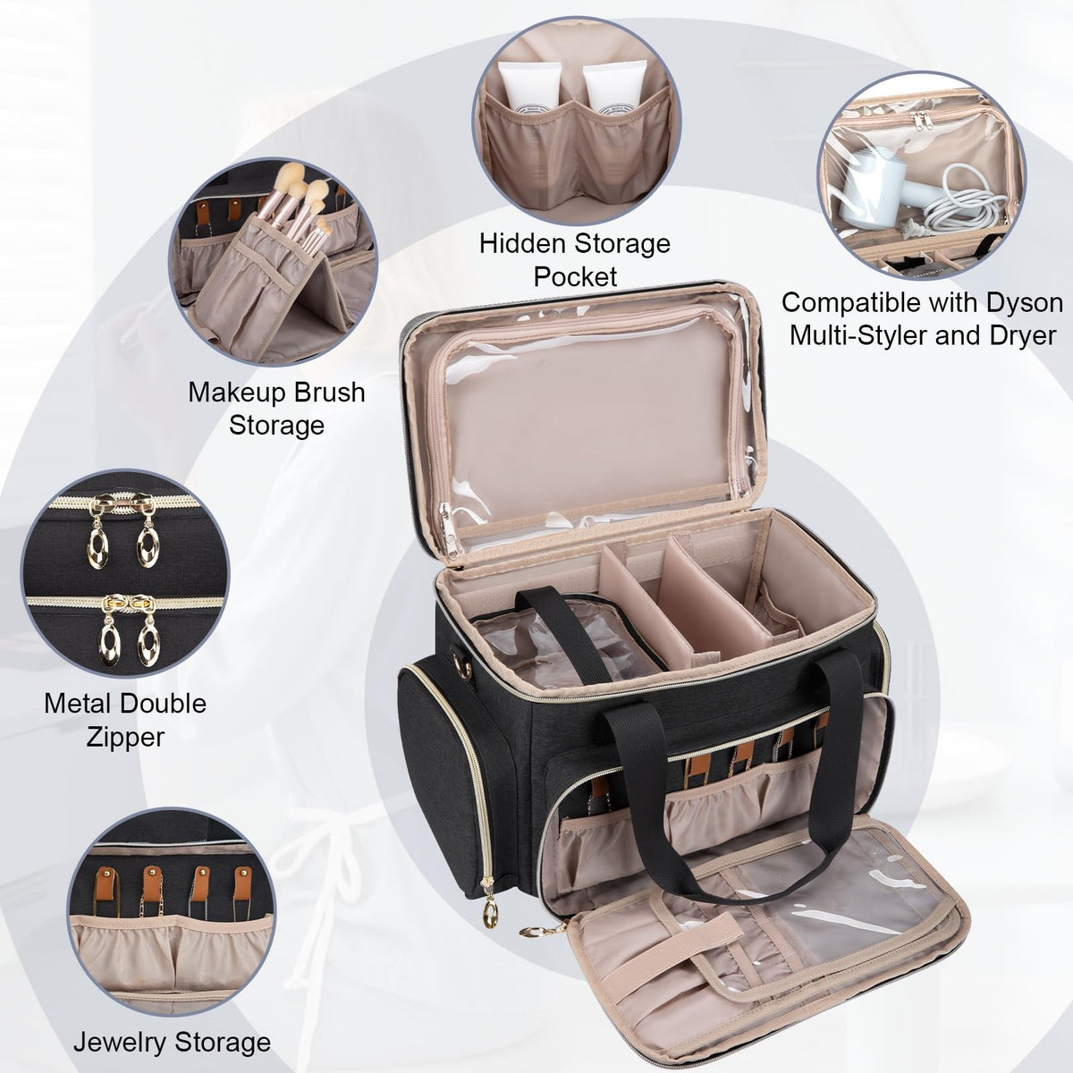 Large Travel Makeup Bag Organizer with Brush Compartments - Black