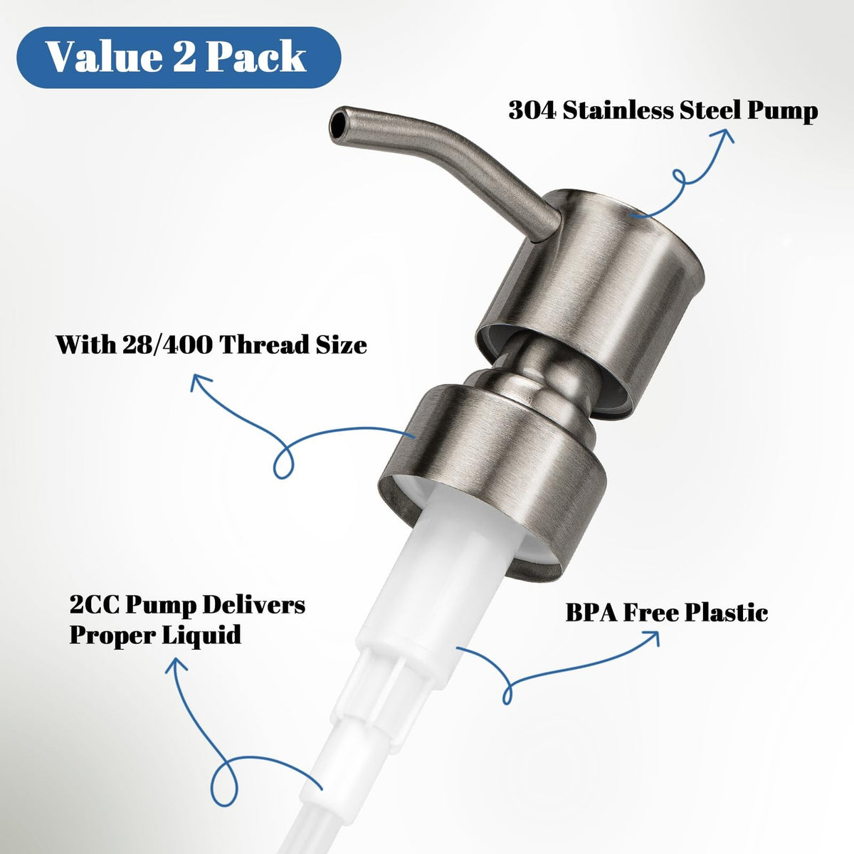 304 Stainless Steel Soap Dispenser Pump for Standard Bottles - Pack of 2