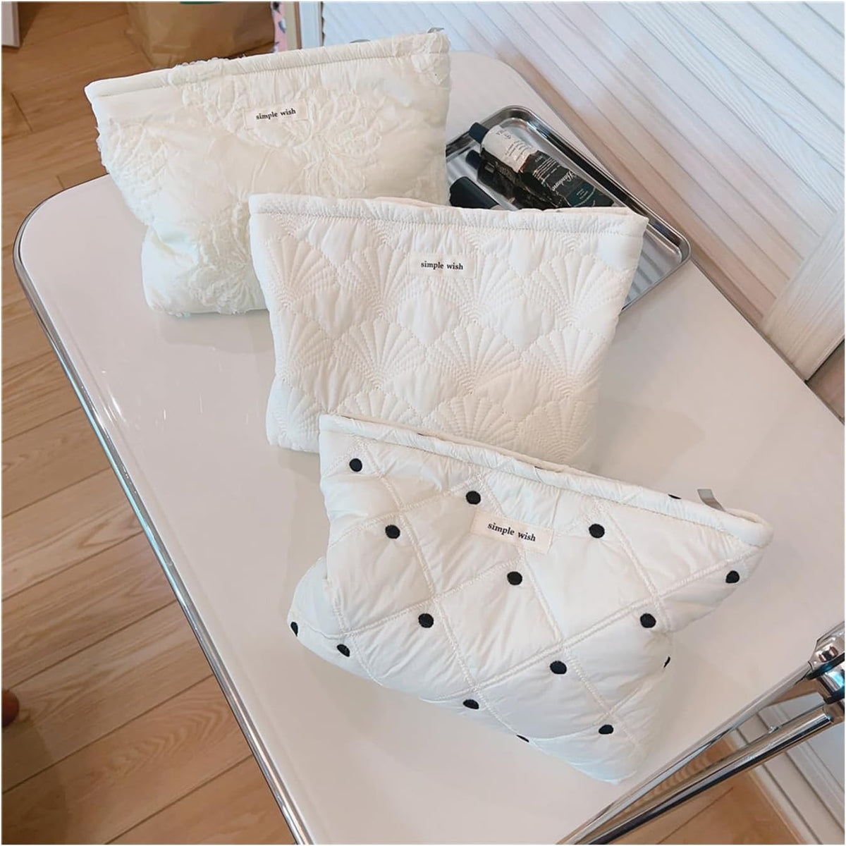 White Quilted Cotton Makeup Pouch – Coquette Travel Toiletry Bag for Women