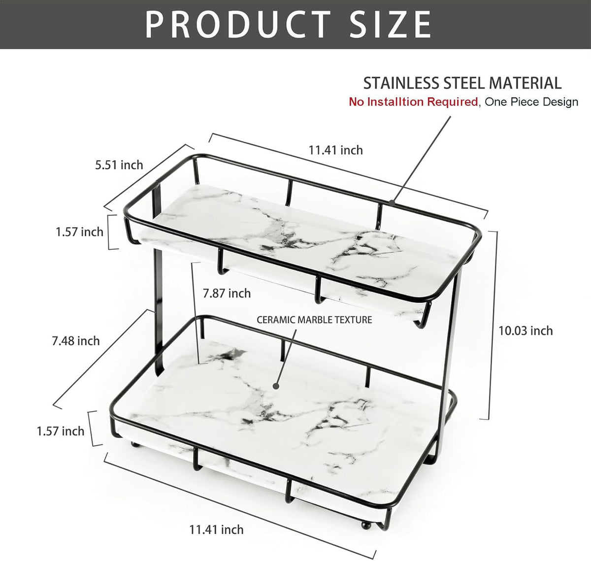 2-Tier Marble Finish Cosmetic Display Shelf with Ceramic Trays
