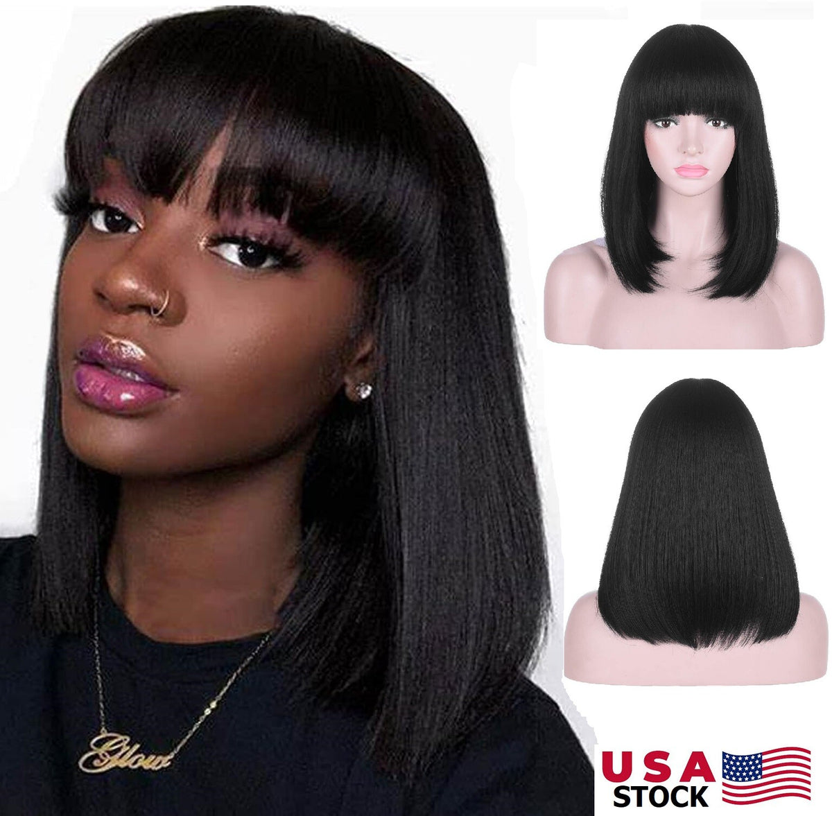 15in Bob Style Wigs for Women - Short Straight Black with Bangs Natural Look