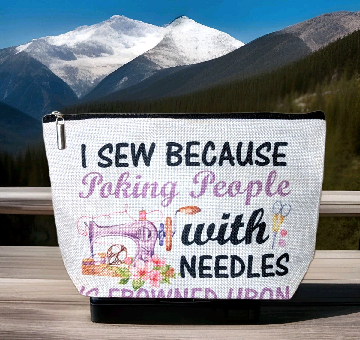 Sewing Makeup Bag with Needle Quote - Canvas Travel Organizer