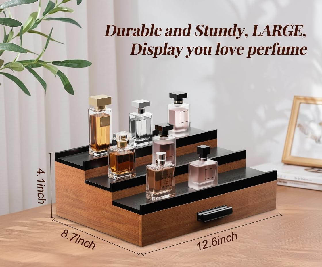 Men's Cologne Organizer with Drawer and Hidden Storage - Black Wood Stand