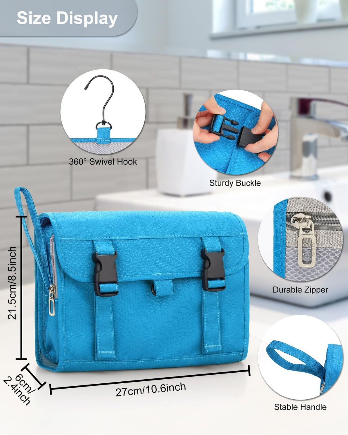 Large Travel Hanging Toiletry Bag with Multiple Compartments & Water-Resistant Nylon - Blue