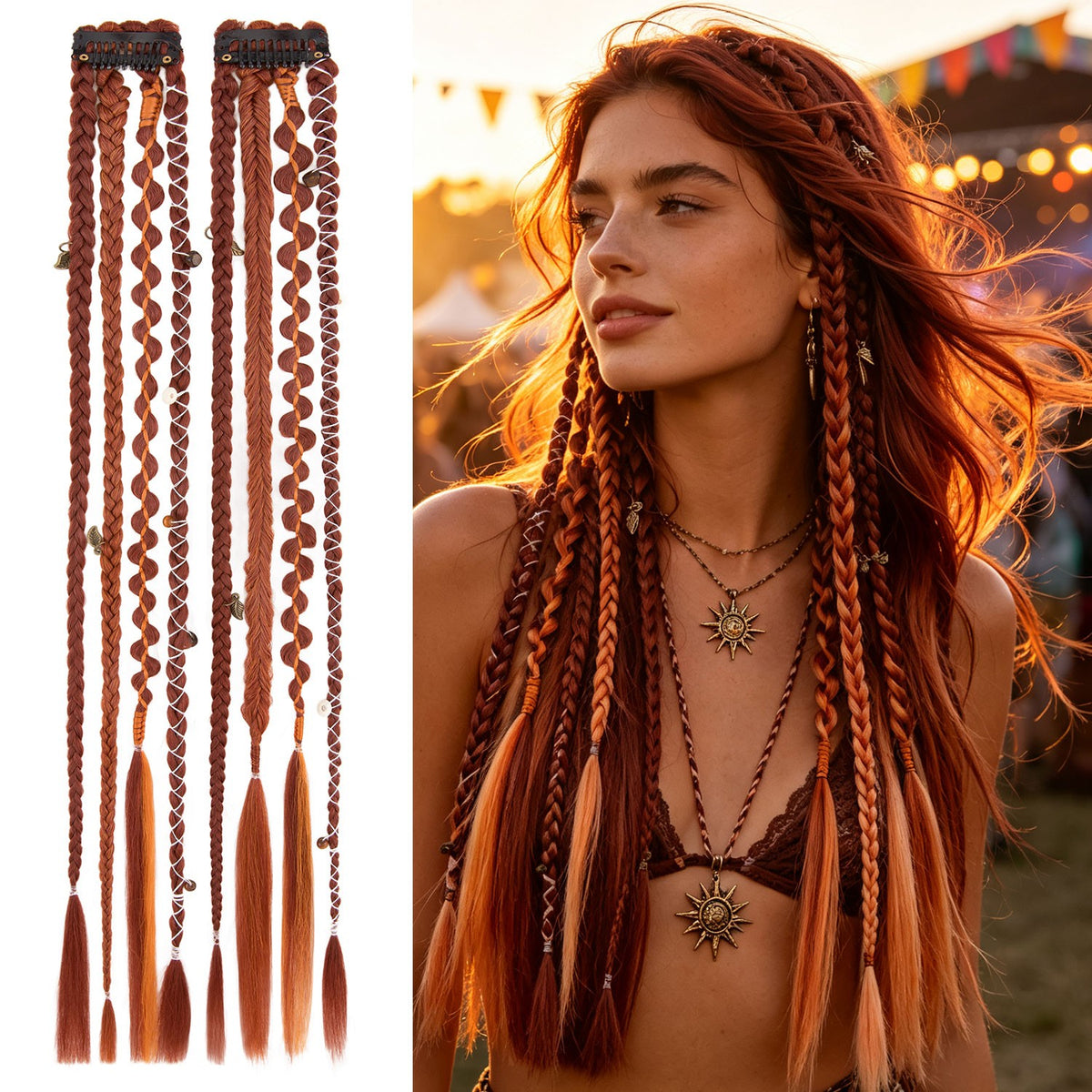 Boho Clip-In Dreadlocks Hair Extensions with Beads & Charms - Festival Style