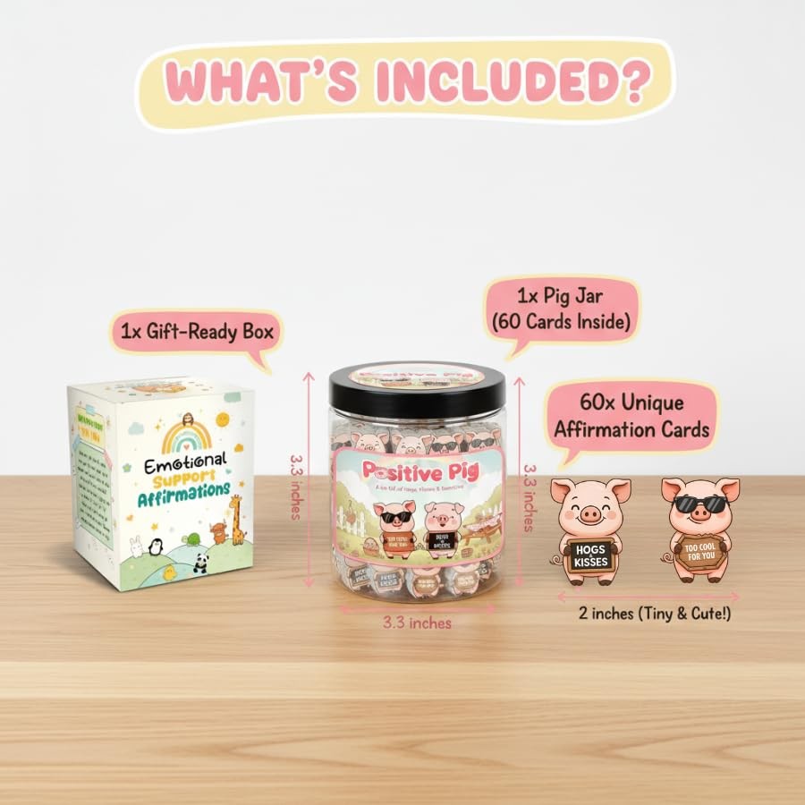 Positive Pig Jar with 60 Affirmation Cards - Pink Support Gift for Kids & Adults