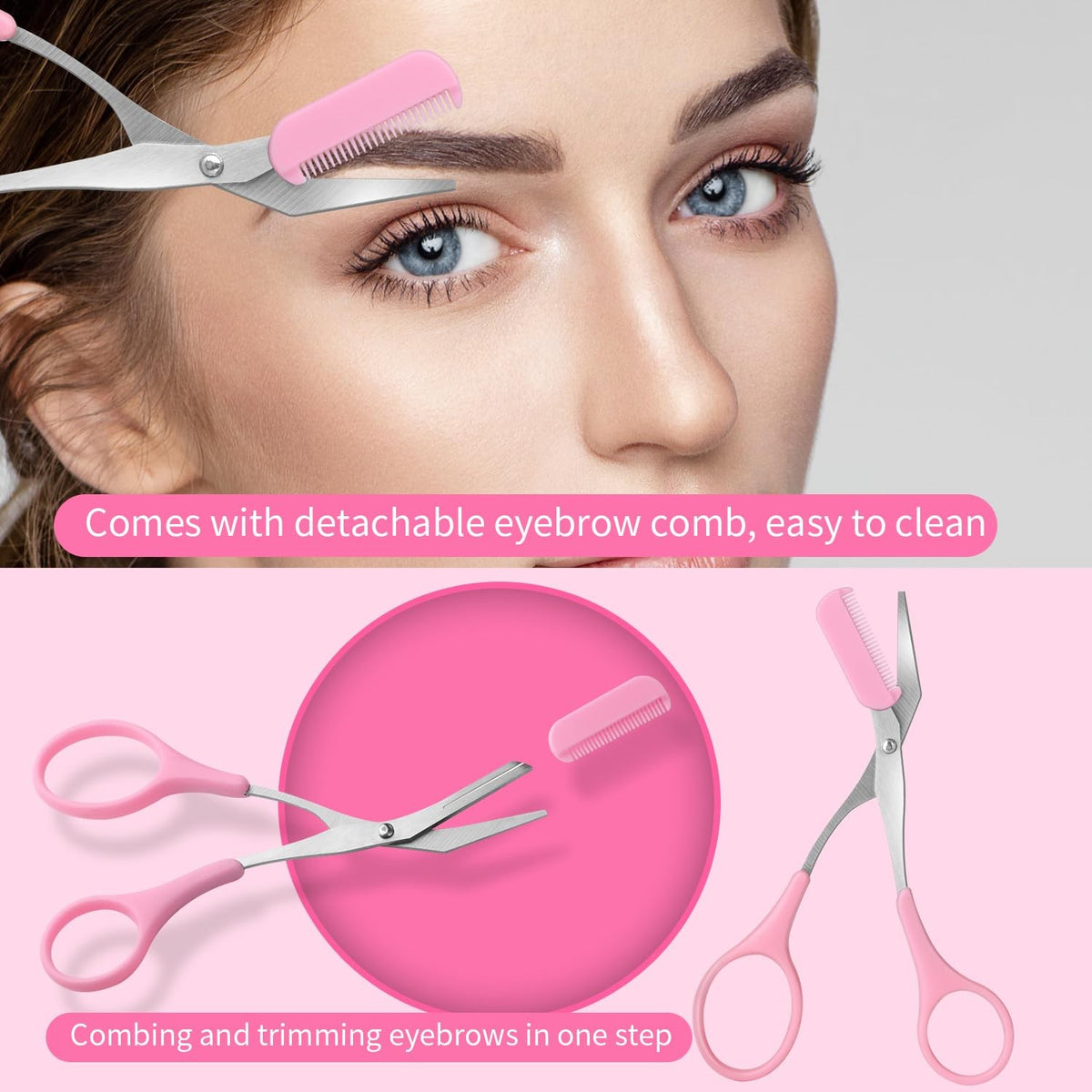 Eyebrow Scissors with Comb and Razor – Professional Stainless Steel 3-Pack (Black, Pink, Blue)