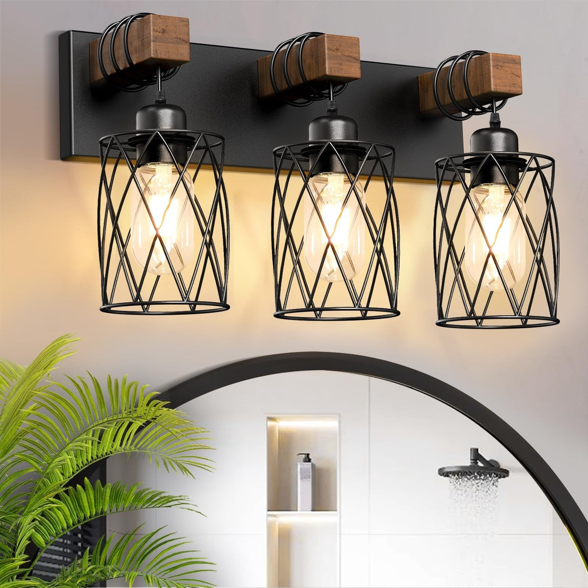 3-Light Farmhouse Vanity Light Fixture for Bathroom & Bedroom - Black Wood and Metal