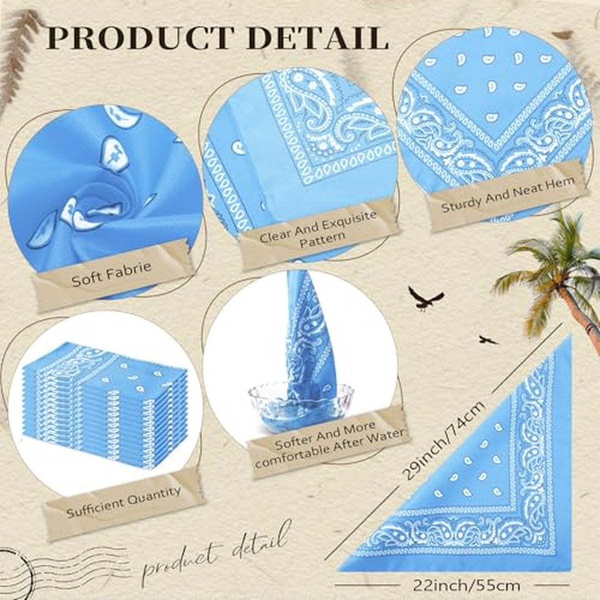 Sky Blue Polyester Bandanas Bulk Pack - 12 Pieces for Women & Men