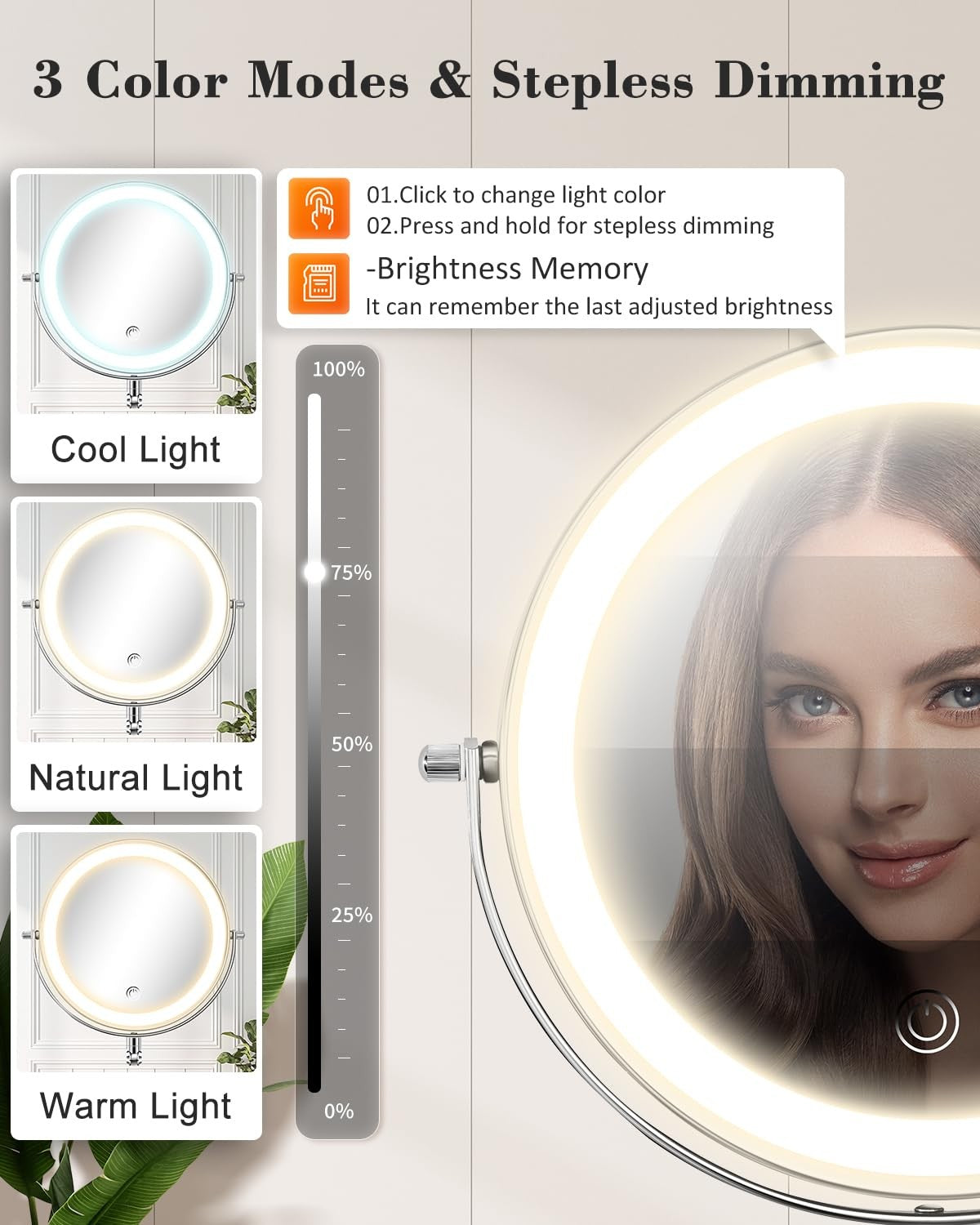 9-Inch Wall Mounted Makeup Mirror with LED Lights, 20X Magnification, Rechargeable & Adjustable Arm