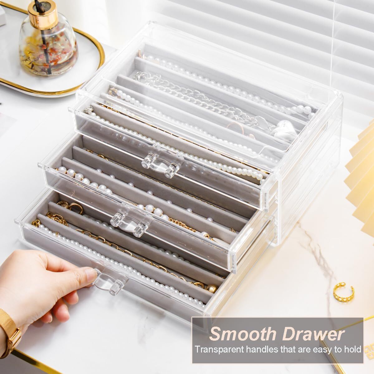 Jewelry Necklace Organizer Box with 5 Dustproof Velvet Drawers - Gray