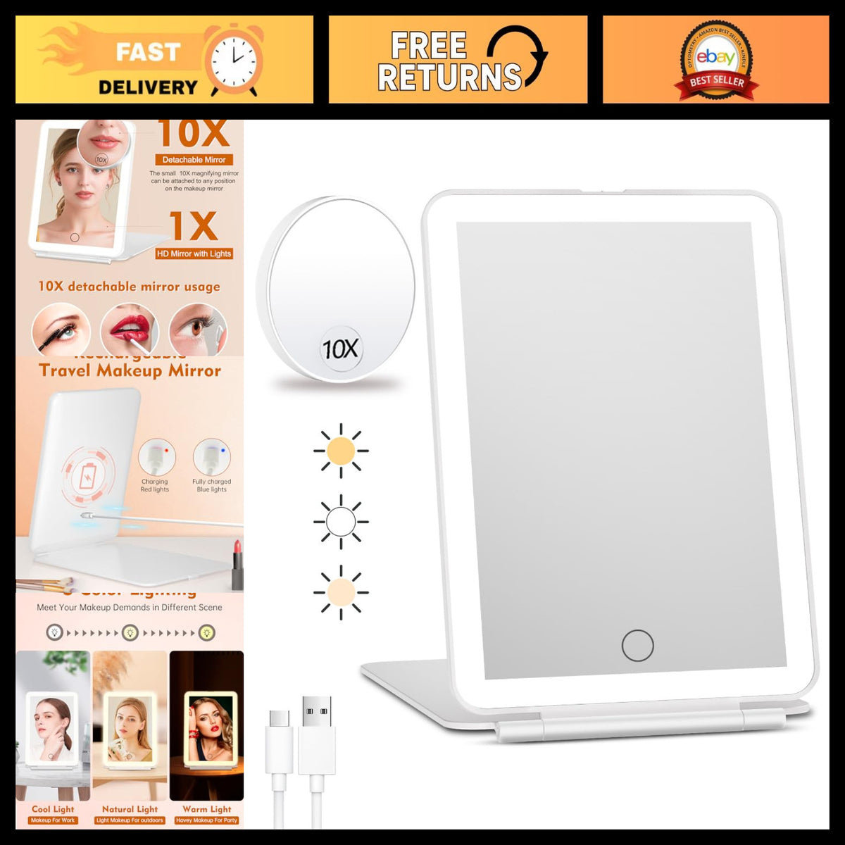 Rechargeable Travel Makeup Mirror with LED Lights & 10X Magnification