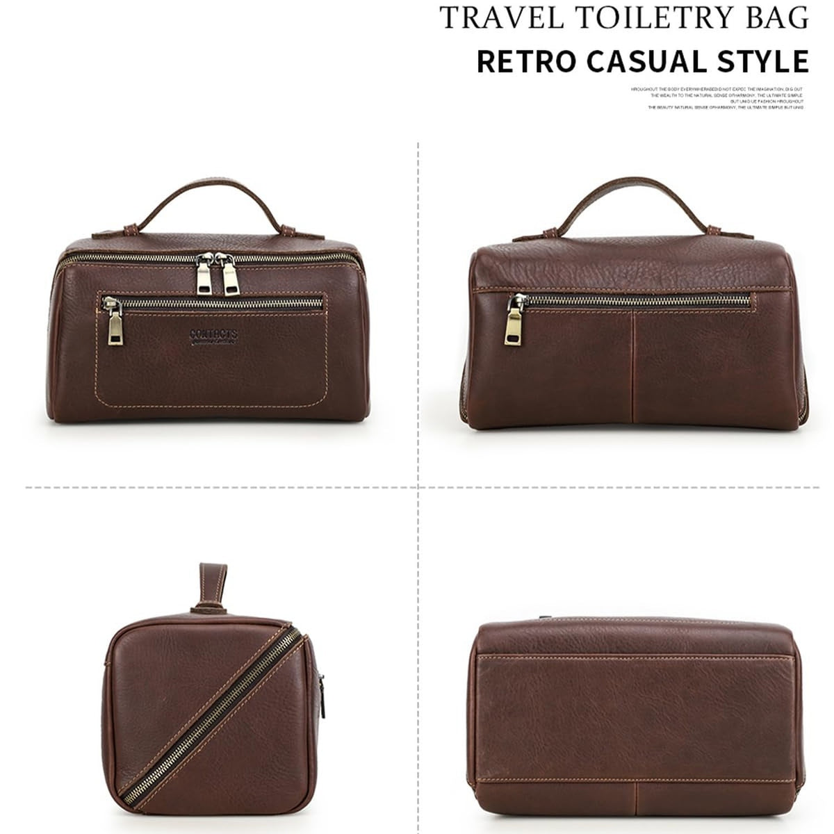 Full Grain Leather Travel Toiletry Bag for Men - Large Dopp Kit with Handle