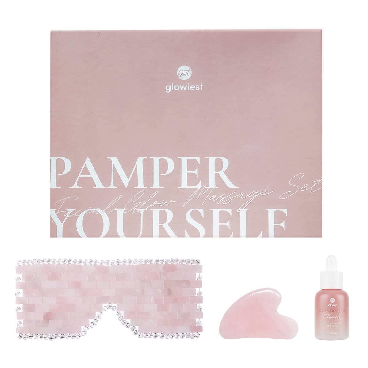 Facial Glow Massage Set with Rose Quartz Gua Sha and Eye Mask | Brightening Essence