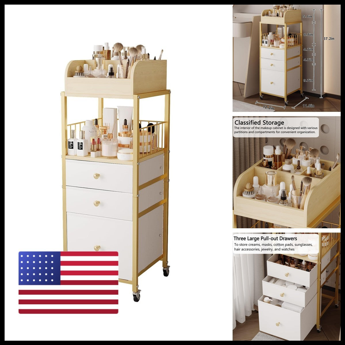 Gold Makeup Organizer Cart with 3 Drawers & Open Shelves for Vanity Storage