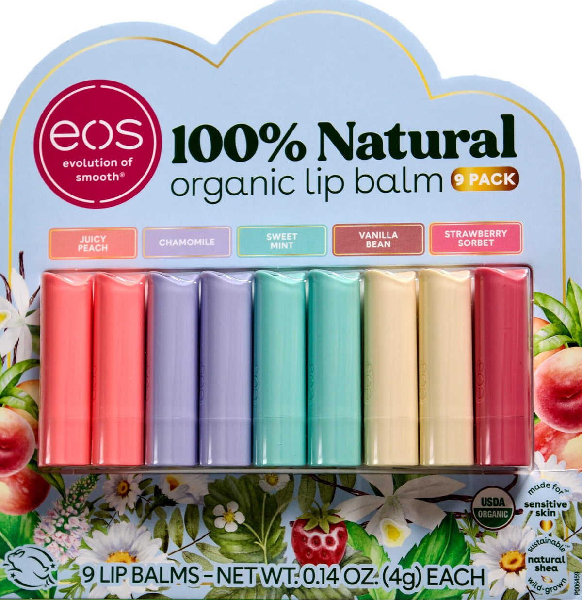 Organic Lip Balm Set with Juicy Peach, Strawberry, Mint & Vanilla - 9 Pack