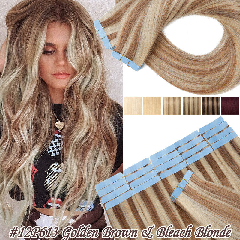 Remy Human Hair Extensions Tape In Seamless Wavy & Straight Full Head Set