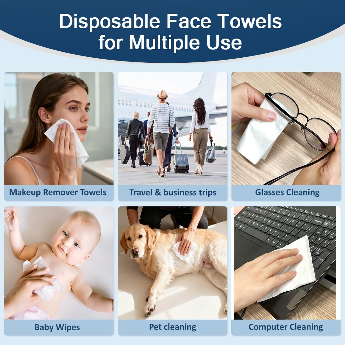 Disposable Face Towels Pack of 200 - Soft Makeup Remover Wipes for Sensitive Skin