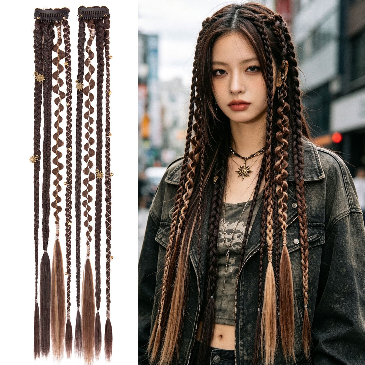 Boho Clip-In Dreadlocks Hair Extensions with Beads & Charms - Festival Style