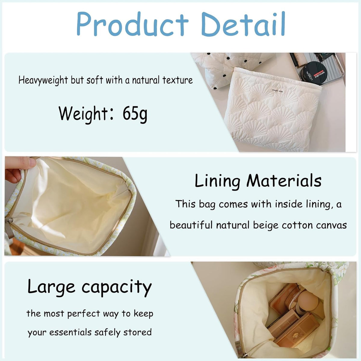 White Quilted Cotton Makeup Pouch – Coquette Travel Toiletry Bag for Women