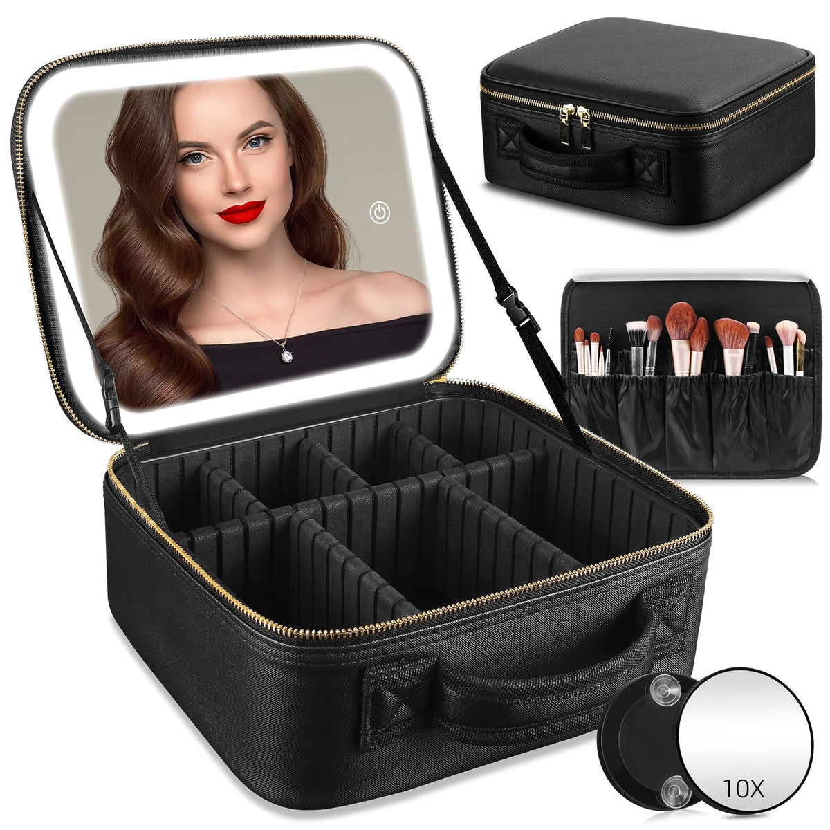 Travel Makeup Bag with Illuminated Mirror and Adjustable Compartments