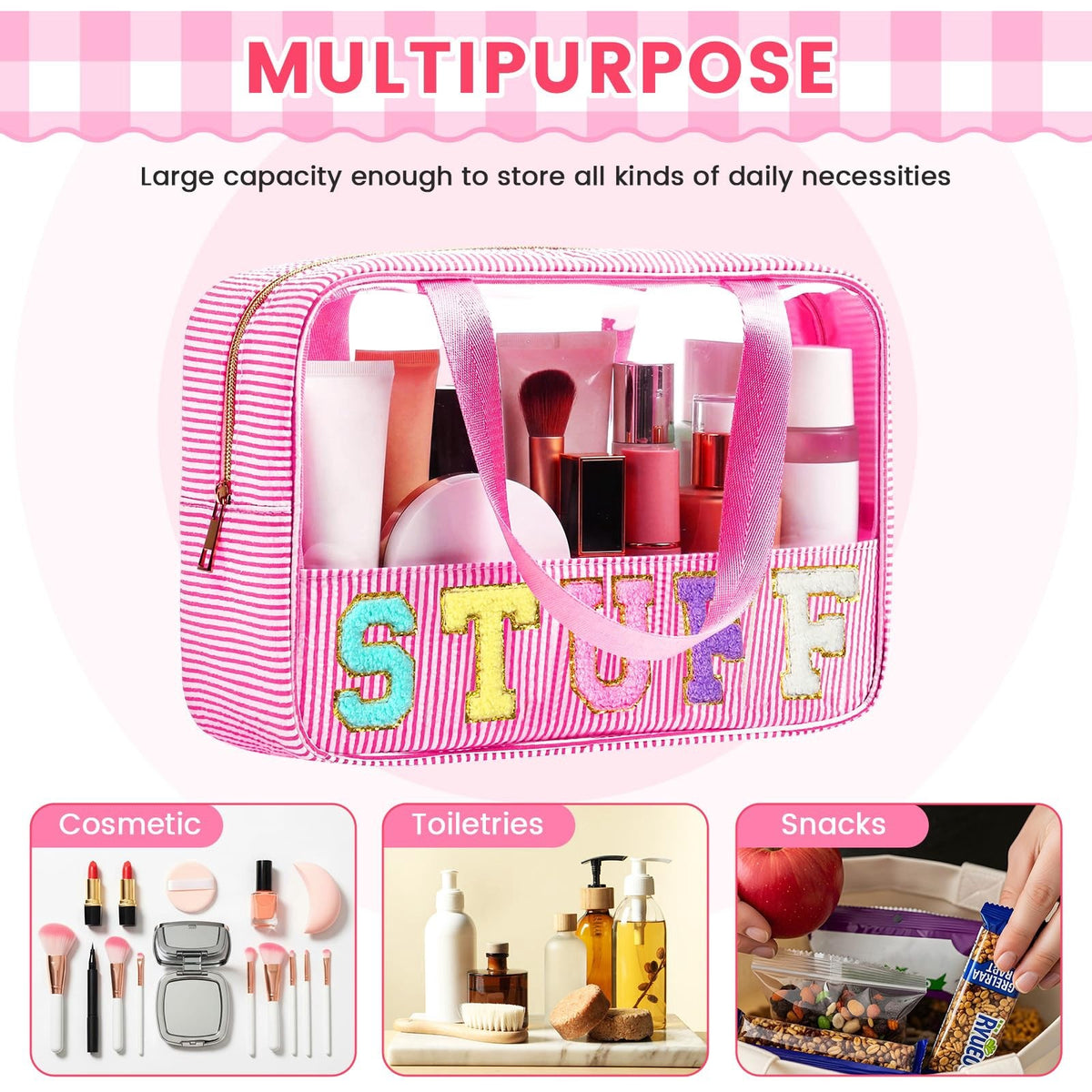 Seersucker Cosmetic Pouch with Handle - Pink Stuff, Portable Makeup Bag