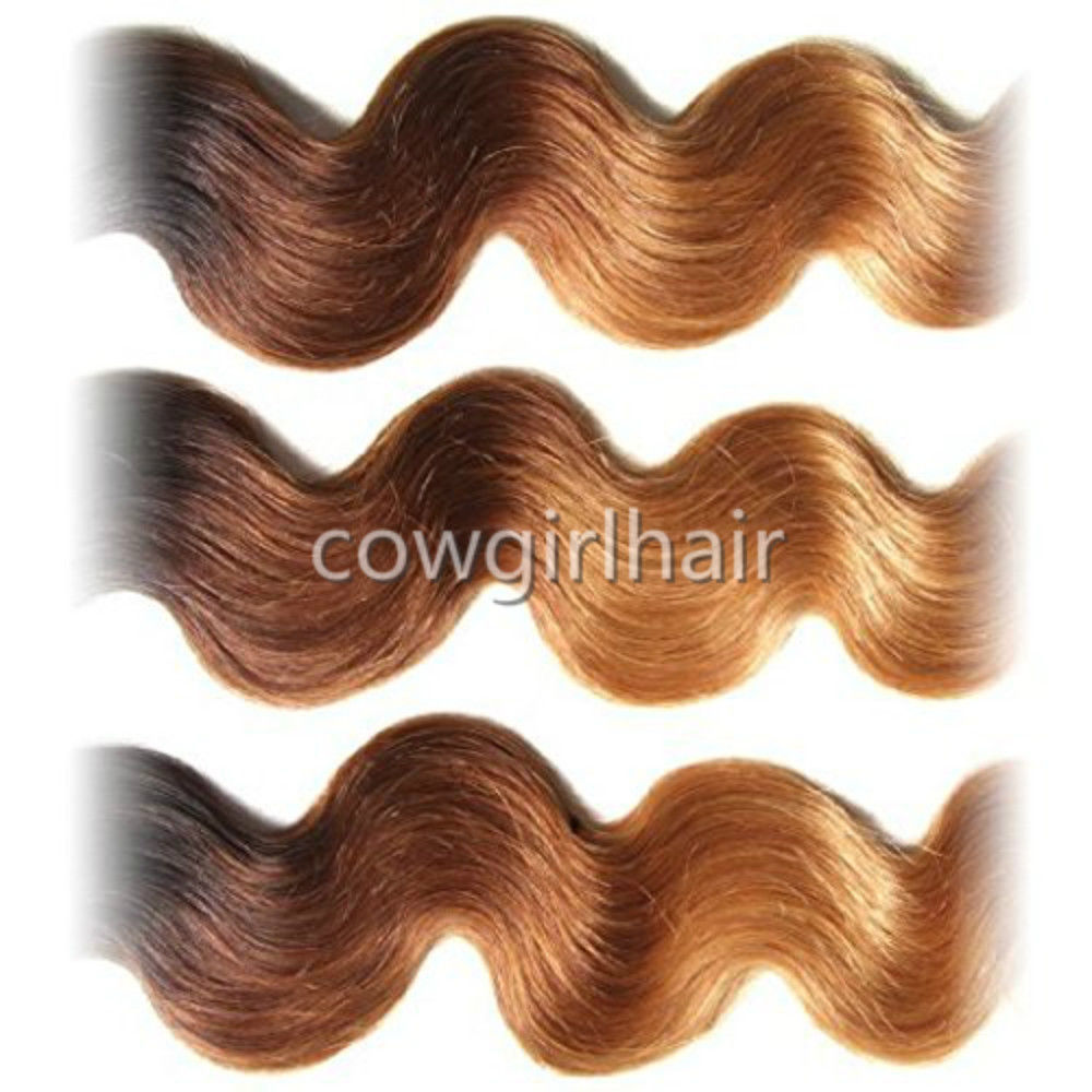 100% Human Hair Weave: Ombre Body Wave 1 Bundle 14-20in (1B/4/27)