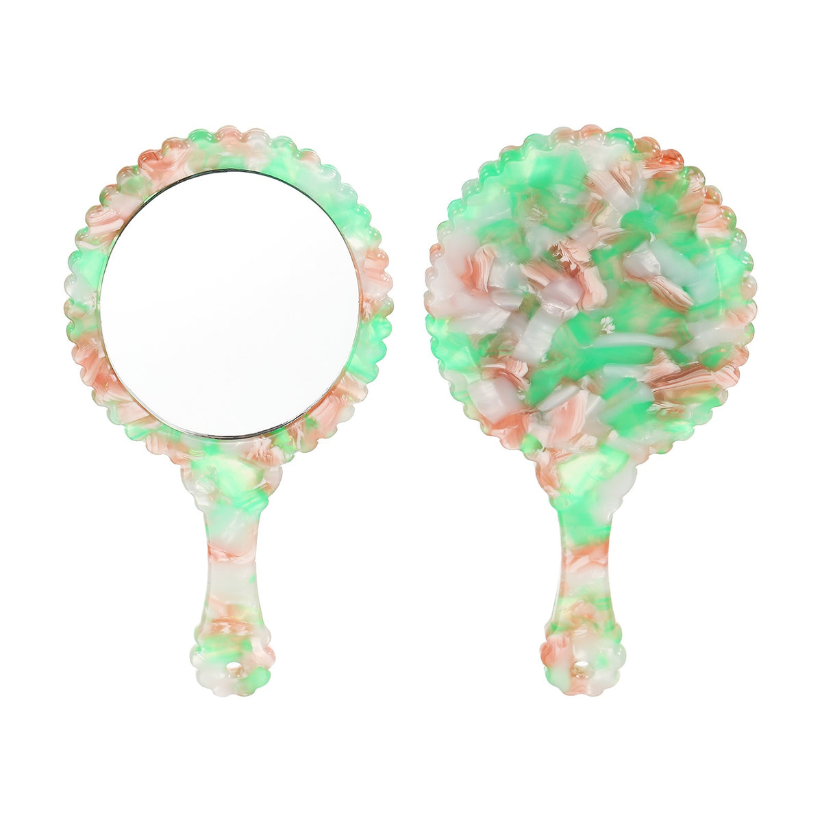Oval Handheld Mirror with Green Floral Acetate Handle - Travel Makeup Mirror