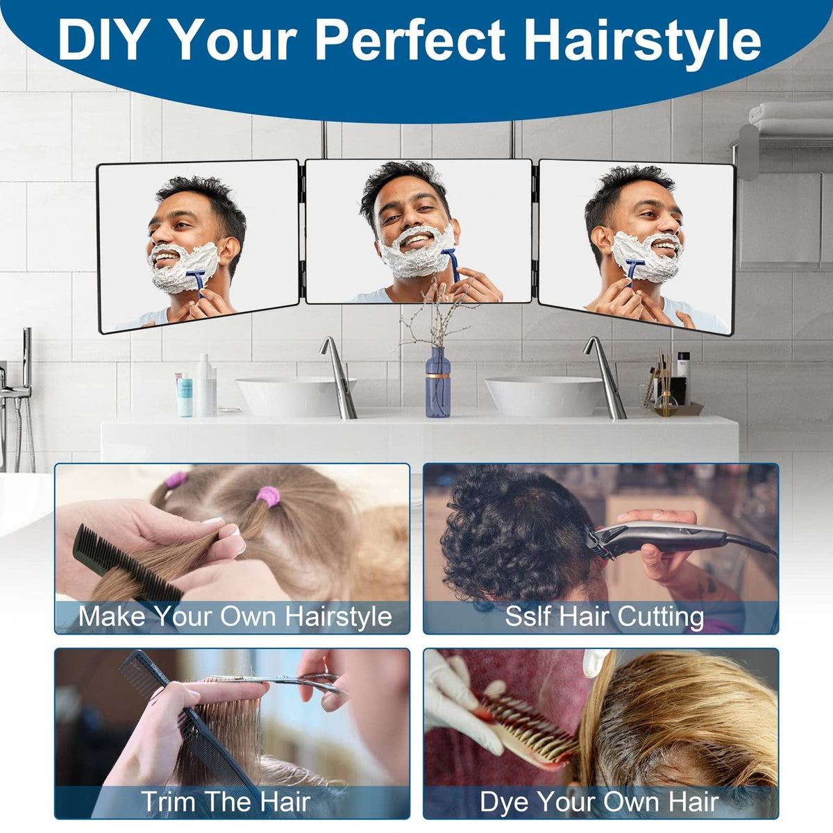 3-Way Mirror for Hair Cutting with LED Lights, 360 Tri-Fold Self Styling