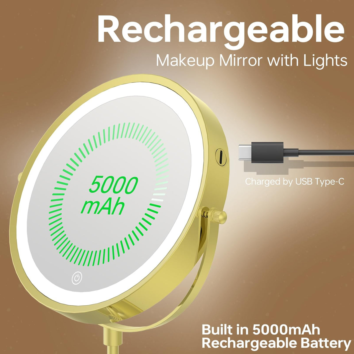 Lighted Makeup Mirror with 1X/10X Magnification, Dimmable & Cordless, 9 Inch Diameter, Rechargeable, Gold
