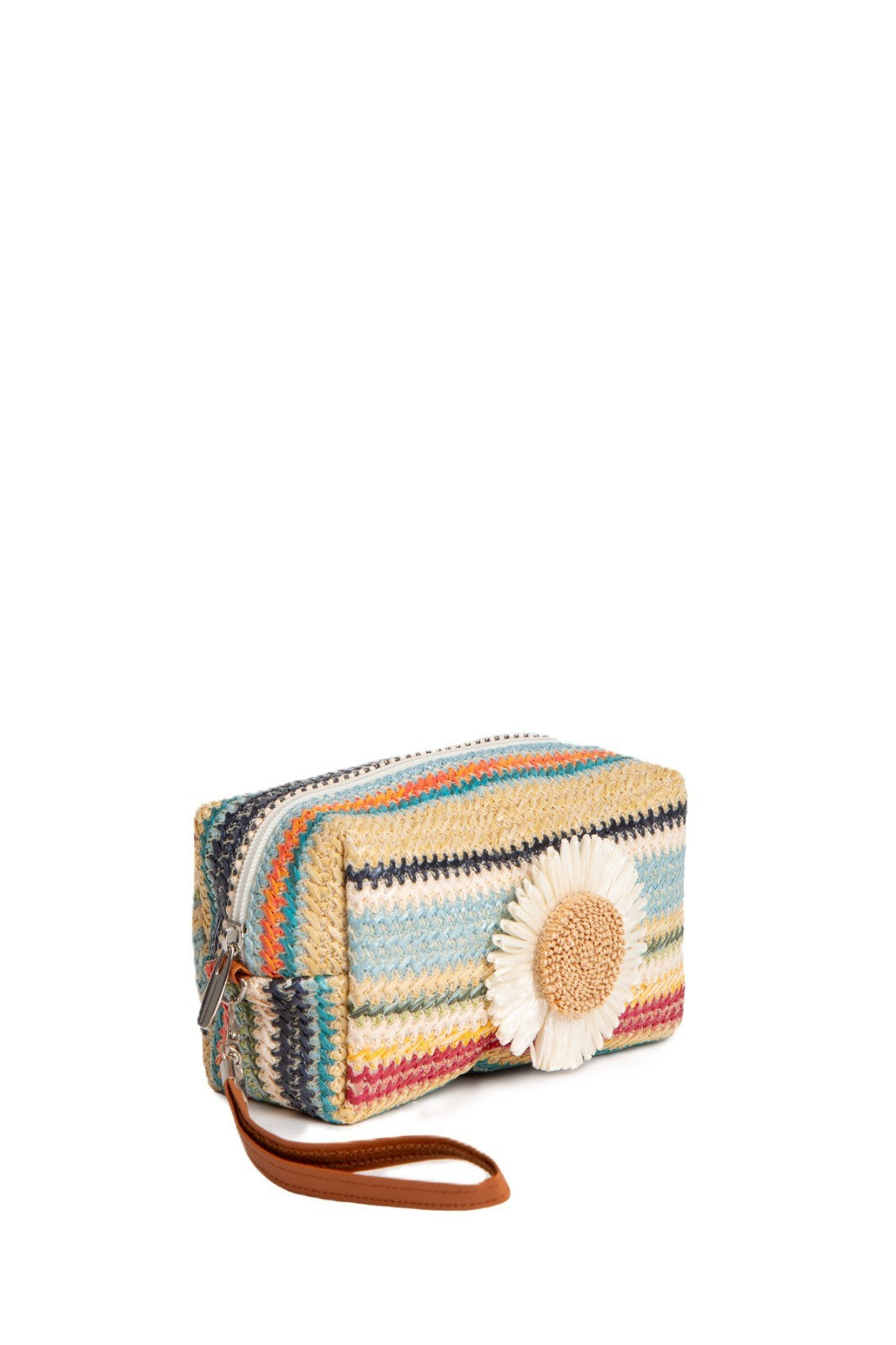 Large Travel Pouch with Zipper & Interior Pocket - Multi-Colored Striped & Daisy Pattern