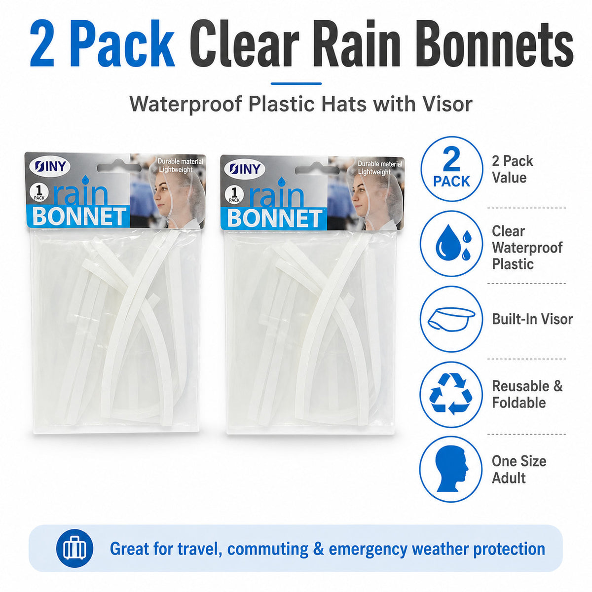 2 Pack Clear Rain Bonnet Waterproof Plastic Hat with Visor Reusable