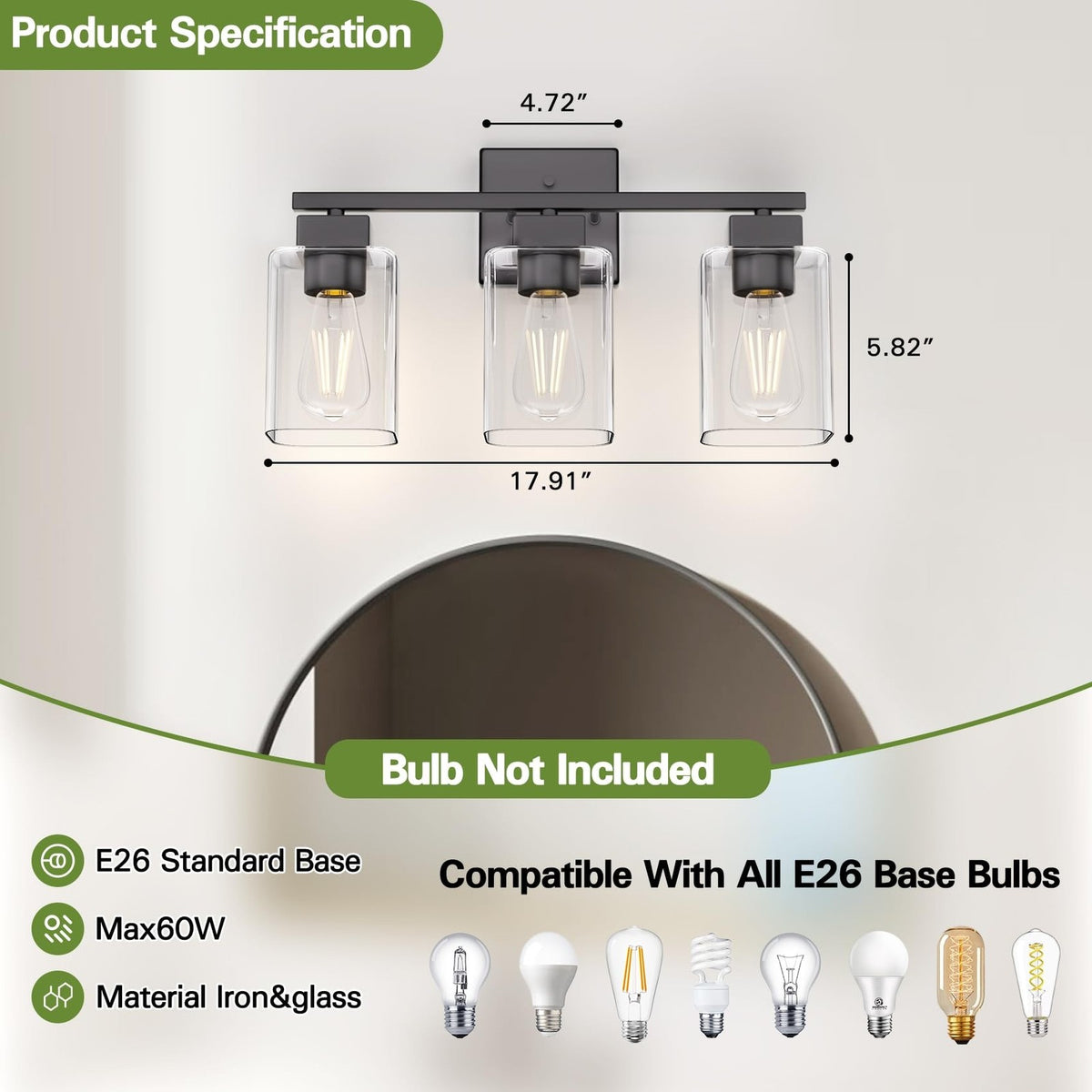 Matte Black Bathroom Vanity Light 3-Light Wall Sconce with Glass Shades