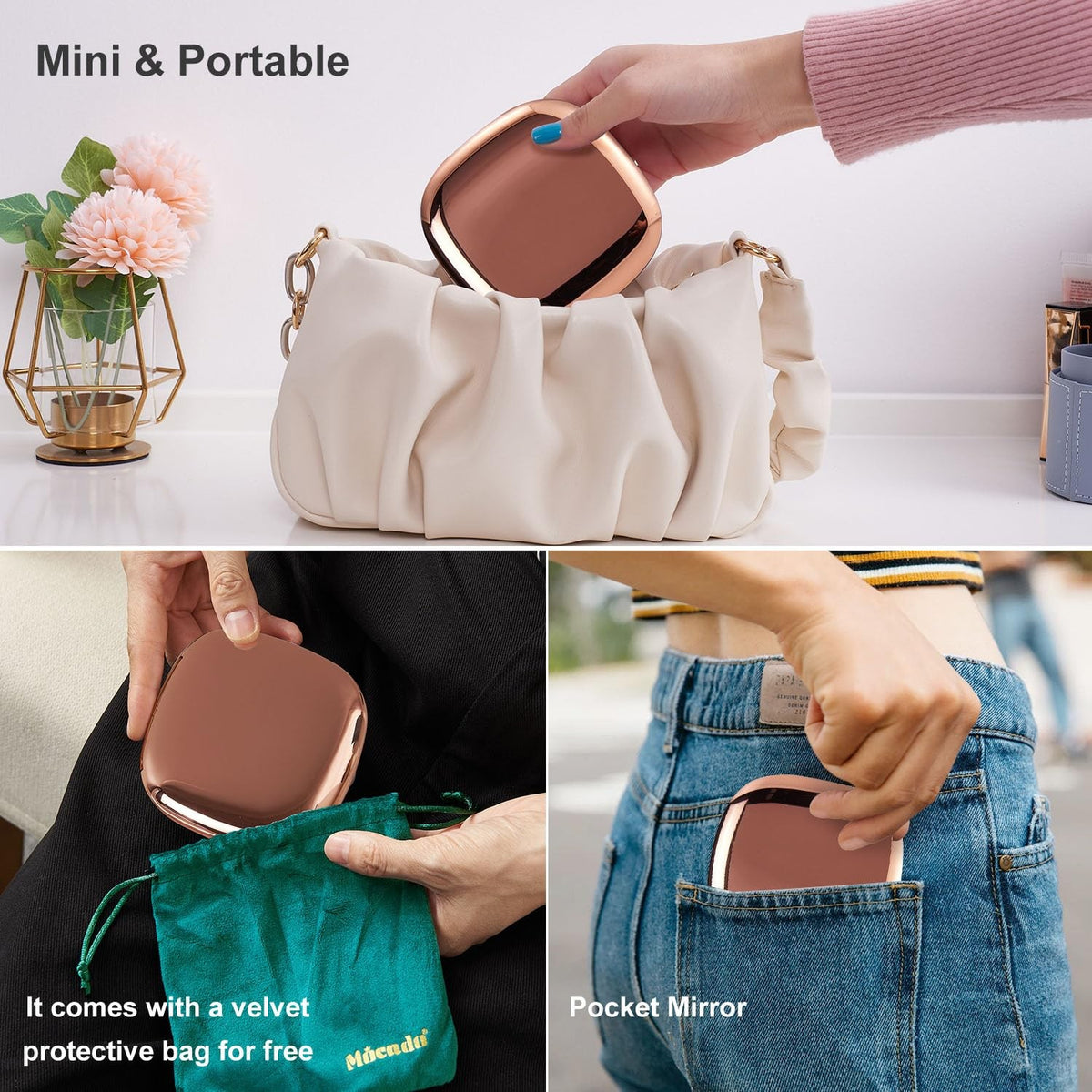 Rose Gold 4-Inch LED Travel Makeup Mirror with 1X/10X Magnification, Dimmable Light, USB Rechargeable