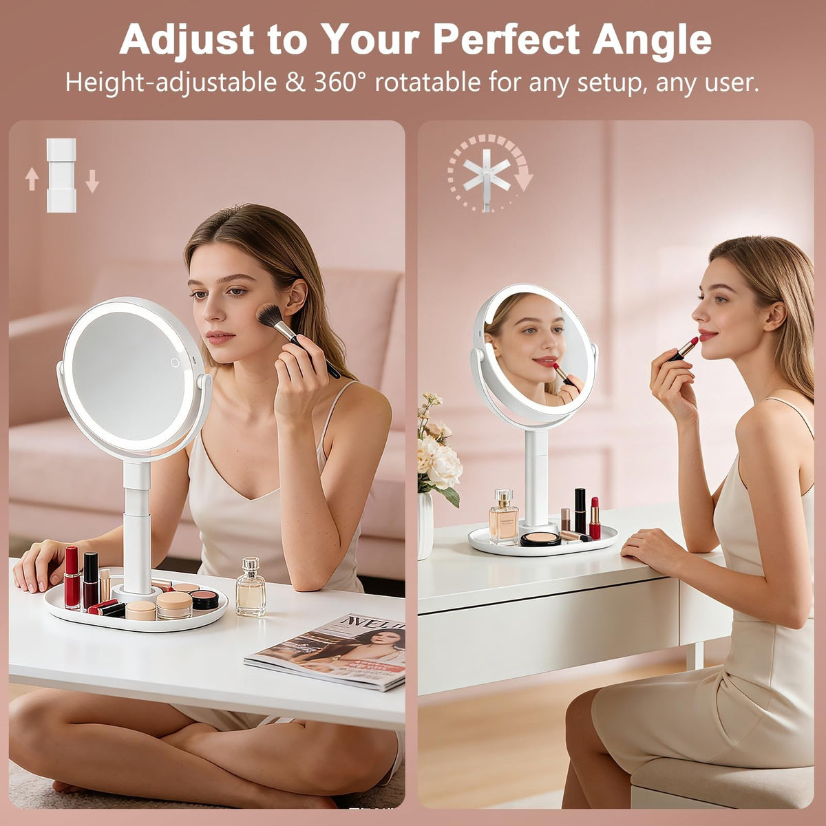 Rechargeable LED Lighted Makeup Mirror with 10X Magnification and Adjustable Height
