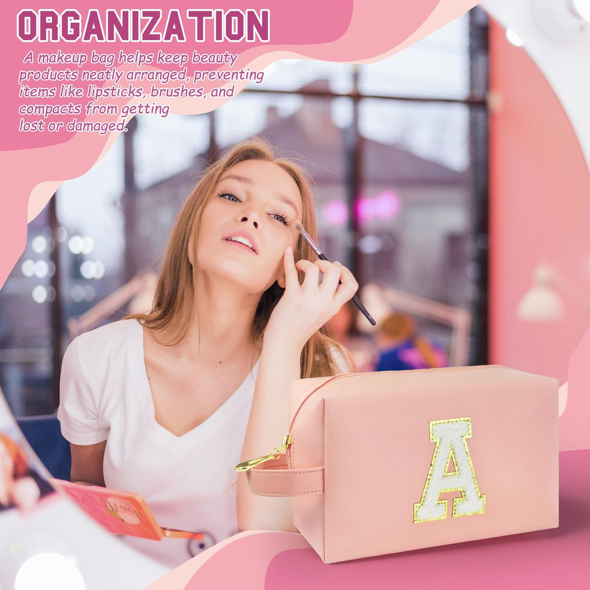 Personalized Initial Makeup Bag with Handle - Waterproof PU Leather Cosmetic Organizer